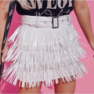 NEW! Nylon Apparel Rhinestone Studded Fringe Mini Skirt Skort Belt White SZ M